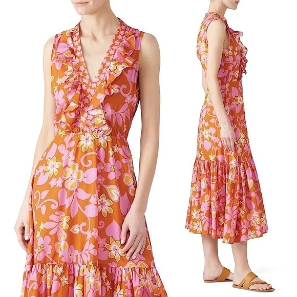 WARM 70s Tropical Floral Sleeveless Ruffle Trim V-Neck Flounce Tier Midi Dress M - Picture 2 of 10